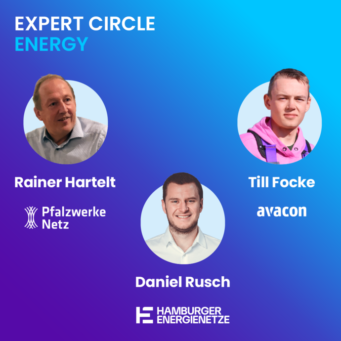 Teaserbild zum Expert Circle Energy Live Event mit den drei Speakern der Unternehmen: Avacon, Pfalzwerke Netz und Hamburger Energienetze
