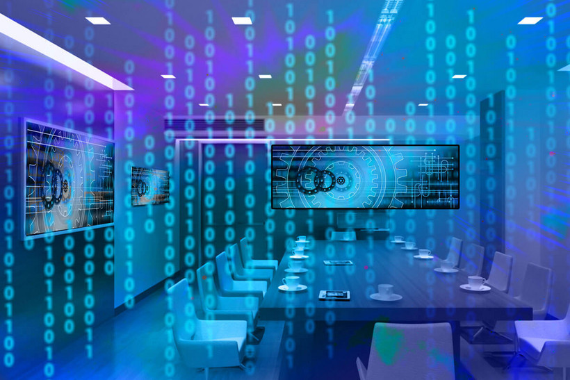 Ein leerer Konferenzraum gesehen durch eine Zahlenmatrix Das Bild zeigt einen leeren Konferenzraum mit mehreren Bildschirmen, gesehen durch eine lila-blaue Zahlenmatrix.